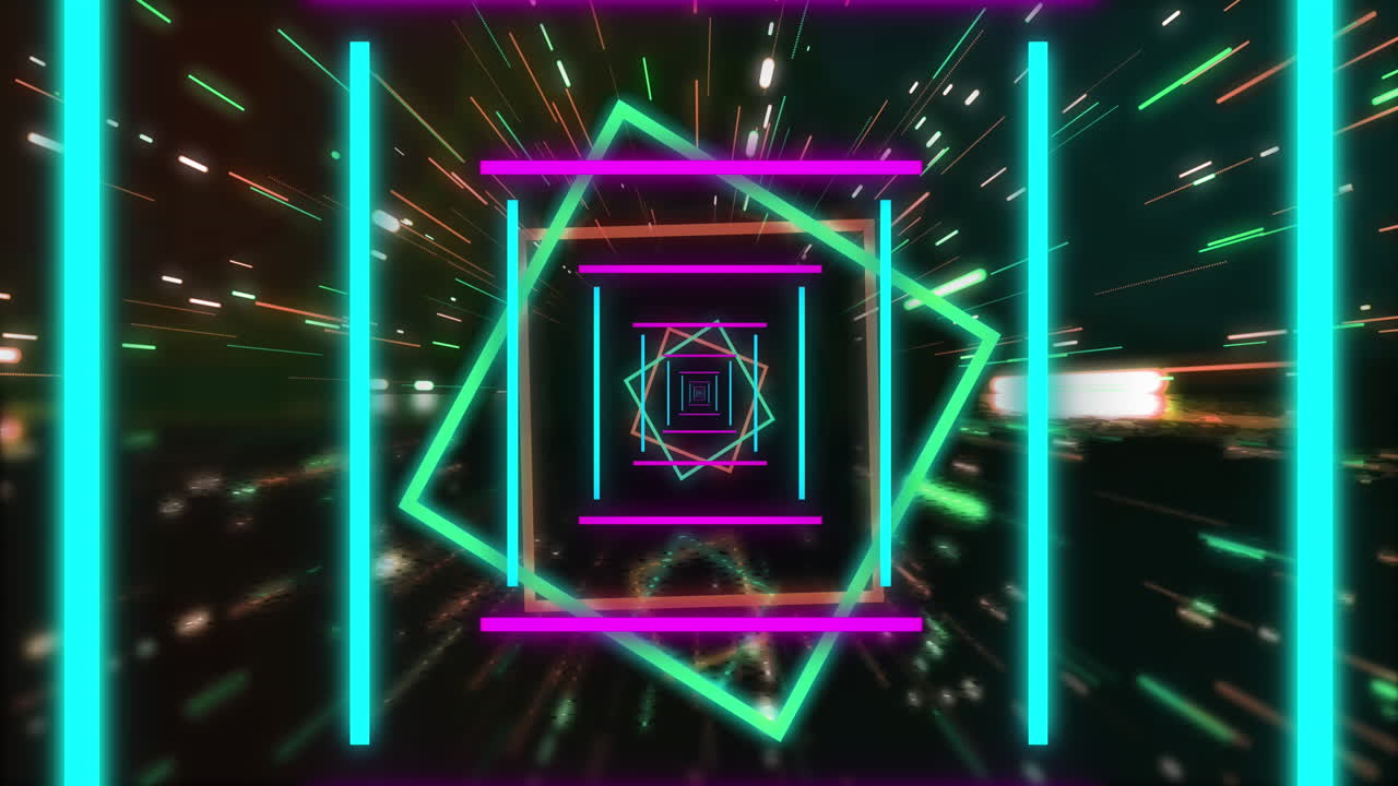 animación de formas de neón que se mueven sobre un fondo negro.