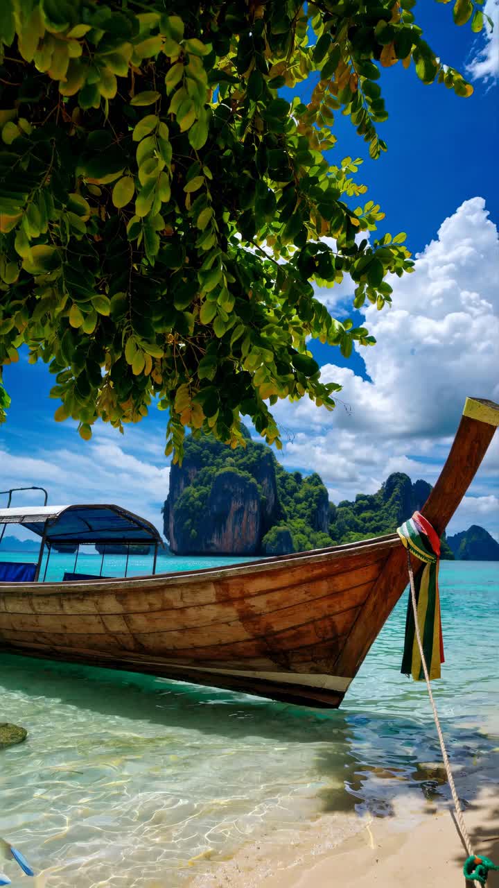 Tropical paradise video scene with a low-angle view of a wooden boat on clear waters, lush foliage