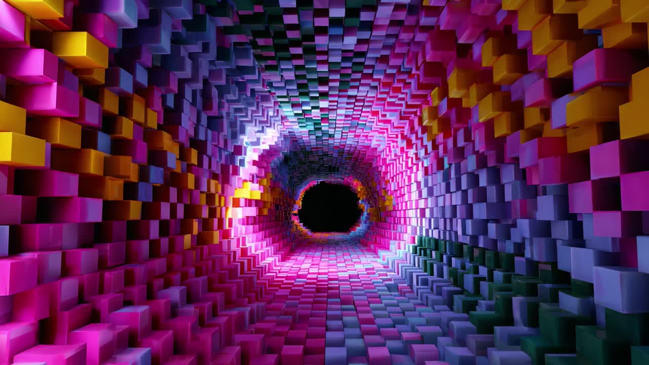 Vibrant Abstract Tunnel Journey: Captivating Journey Through a Colorful, Pixelated Maze of Blocks and Light. Explore the Depths of a Digital World with Mesmerizing Hues and Patterns. A Visual Wonderland