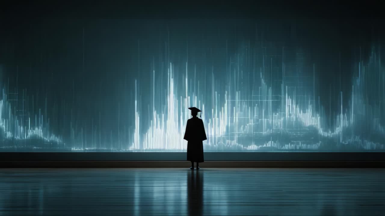 A Graduation Moment: A Silhouette in a Cap and Gown Standing Before a Stunning Visual Display of Data Patterns and Waveforms, Symbolizing Knowledge and Achievement