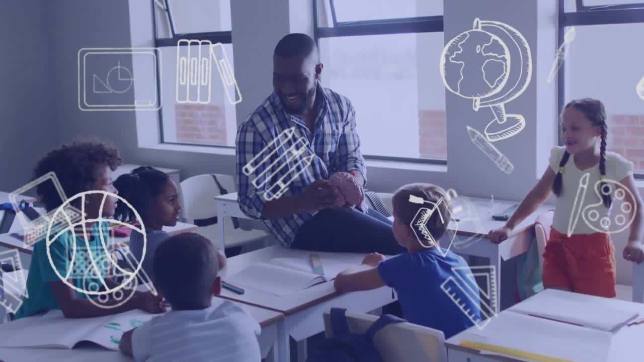 Animation of school items icons over happy diverse male teacher with students in classroom