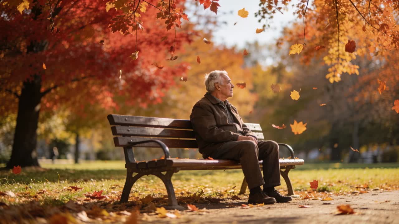 Sitting senior man in brown jacket resting while breeze sending leaves onto bench in park