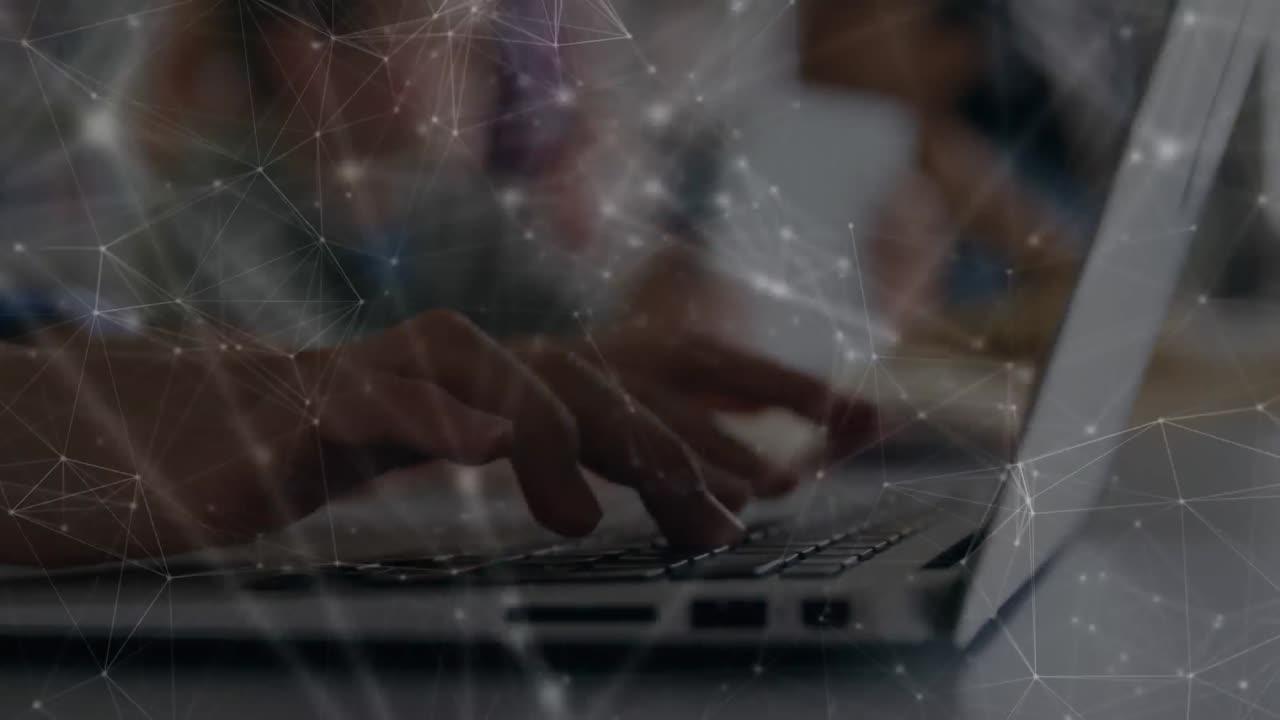 Animation of kids using laptops over a web of connected dots in the background