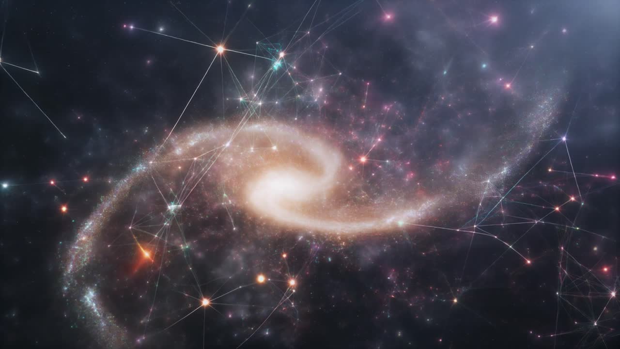 Galassia a spirale rotante con una rete interconnessa di stelle