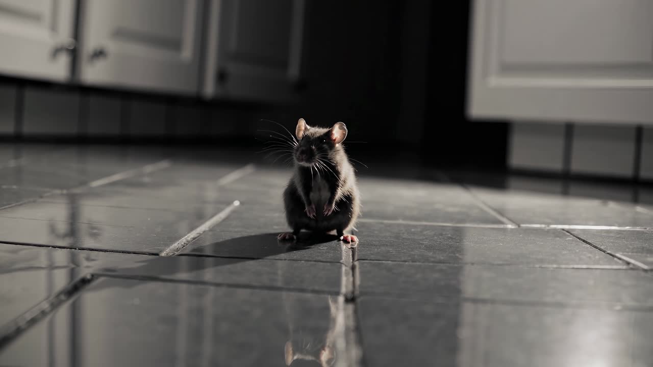 Video da angolazione inferiore di un topo su un pavimento riflettente della cucina, che enfatizza la sua ombra