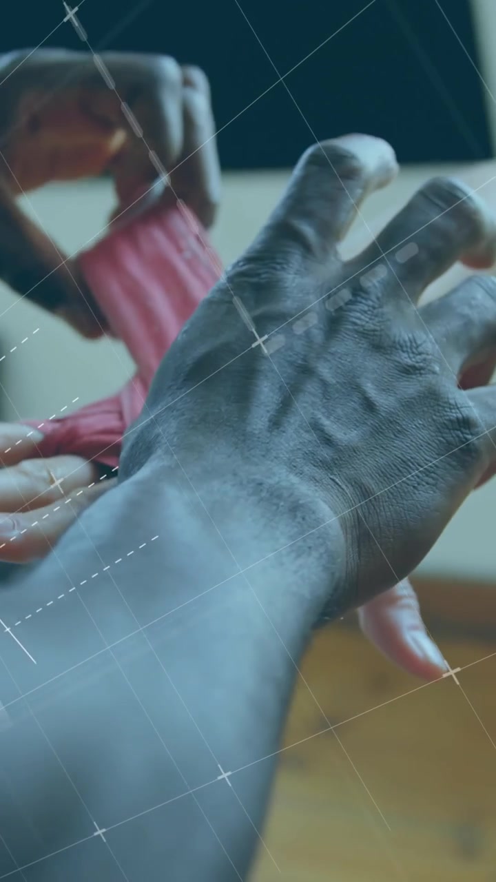 Animation of data processing over diverse people wearing boxing tapes at gym