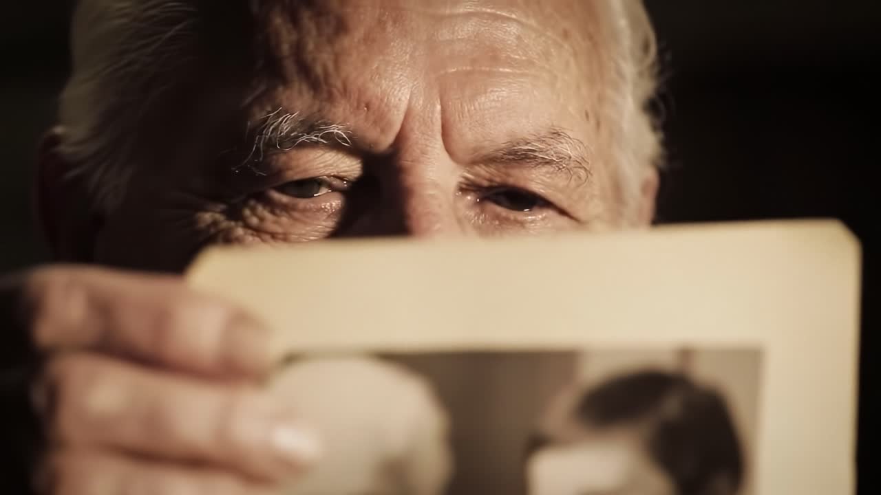 A Sentimental Journey: An Elderly Man Reflects on Memories Captured in a Vintage Photograph, Showing Emotion and Nostalgia