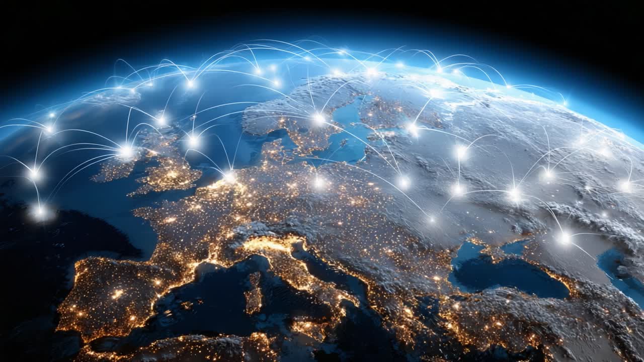 Aerial View of Europe at Night Displaying Bright City Lights and Network Connectivity Illustrating Global Communication and Technological Integration