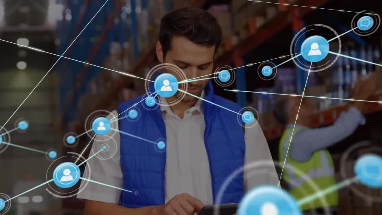 animación de la red de conexiones con iconos sobre diversos trabajadores en el almacén