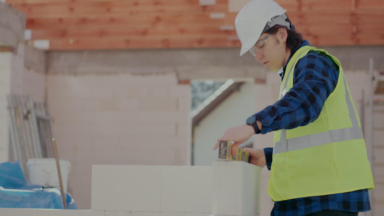 Lockdown shot of confident young male construction worker analyzing concrete wall with level at site