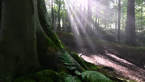 Pedestal-shot-of-mossy-roots-of-giant-tree-in-forest-and-sunbeams-in-background---close-up