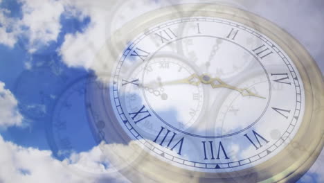 animation of clocks moving over clouds on blue sky