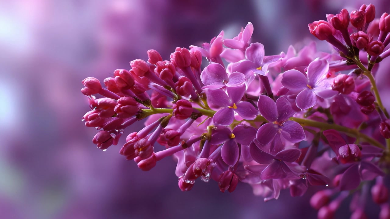 Et fantastisk nærbilde av syrenblomster som viser frem deres livlige lilla fargetoner, delikate kronblader og vanndråper, og fremhever naturens betagende skjønnhet