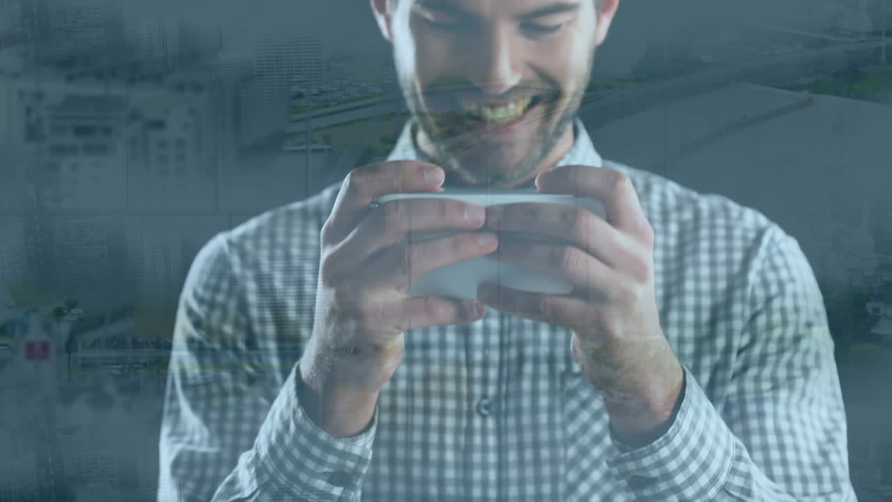 animación de un hombre usando un teléfono inteligente sobre el paisaje urbano