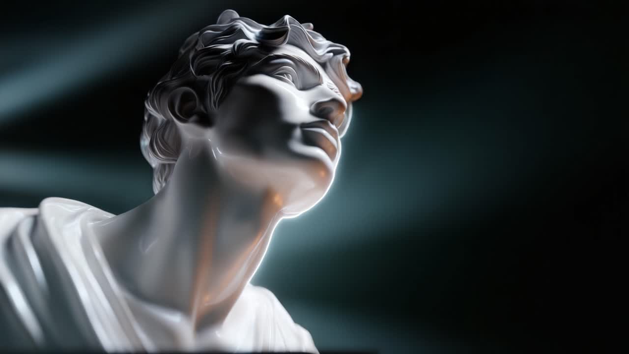 A dramatic close-up of a sculpted figure's serene expression, illuminated by soft light, showcasing intricate details and capturing a moment of artistic beauty and inspiration