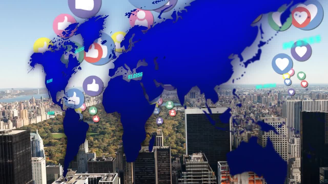 아이콘의 애니메이션 및 도시 풍경 위의 세계 지도와 함께 비즈니스 데이터 처리