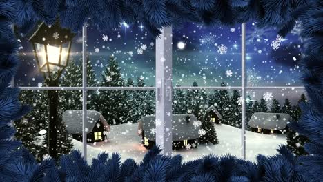 Animation-Des-Fensters-über-Winterlandschaft,-Laterne-Und-Fallendem-Schnee