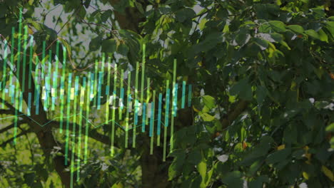 translucent data bars floating over green canopy, displaying orange line chart overlay in 3d render