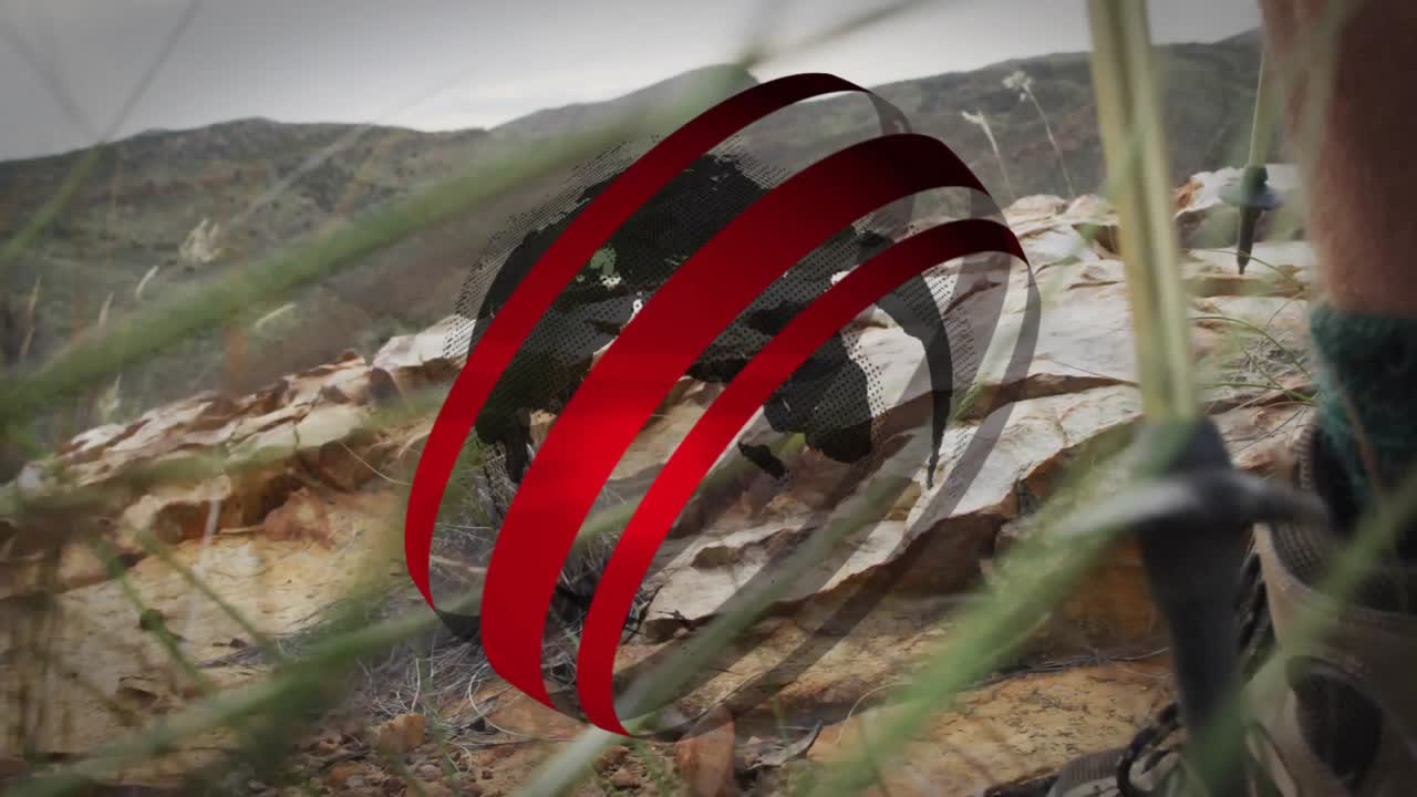 male hiker stepping on rocky slope, showcasing environment tech globe graphic with red curved bands