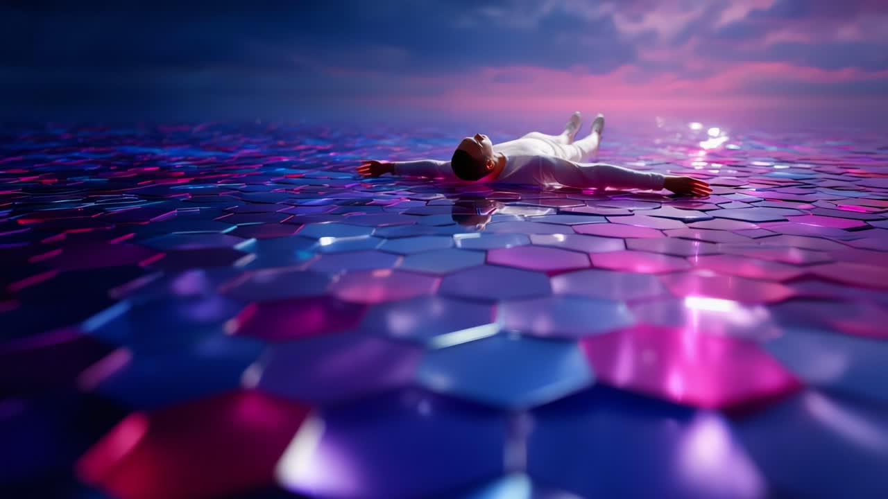 A serene figure peacefully floating on a mesmerizing hexagonal water surface, reflecting vibrant colors and ethereal lights during a tranquil twilight, creating a dreamlike atmosphere of calm and serenity