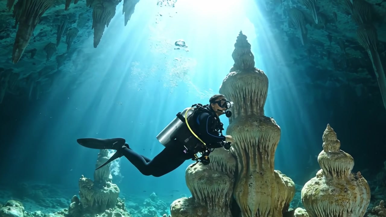 Esplorando l'incantevole grotta sottomarina: un subacqueo affascinato dalle stalattiti e dai raggi di sole in un magico ambiente acquatico