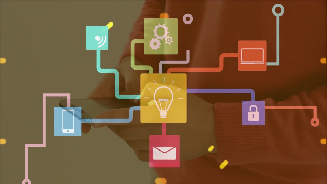 animación de la red de conexiones con iconos sobre el hombre usando un teléfono inteligente