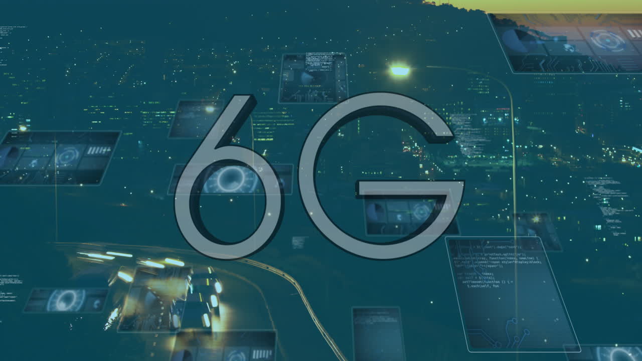animazione di testo 6g, elaborazione dei dati e scansione degli scopi su schermi su traffico stradale veloce