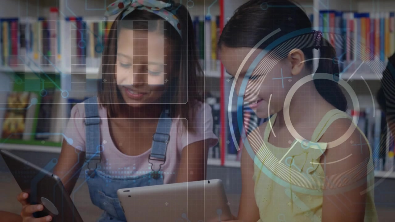 Two girls leaning to learning tablet, grabbing attention, picking second, HUD hovering over screens