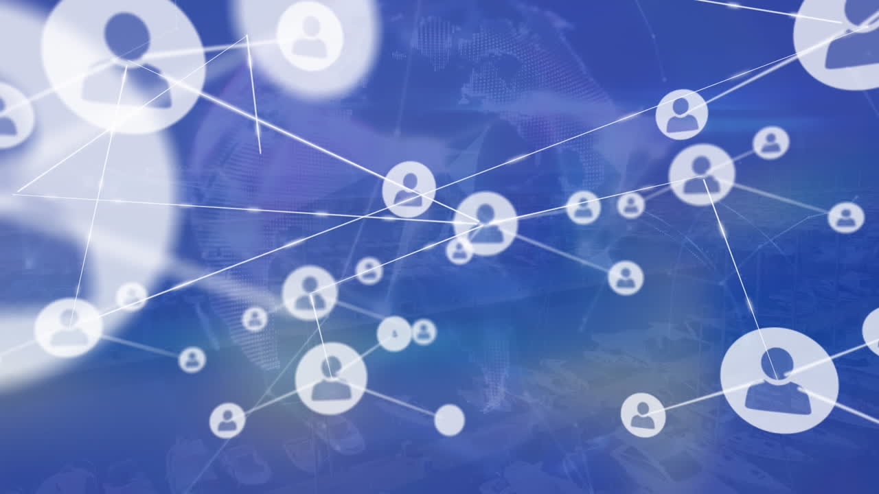 전 세계에 연결된 아이콘과 하늘을 배경으로 연결된 점의 애니메이션