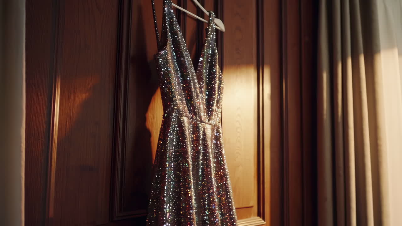 Sparkling Evening Dress Hanging on Wooden Door