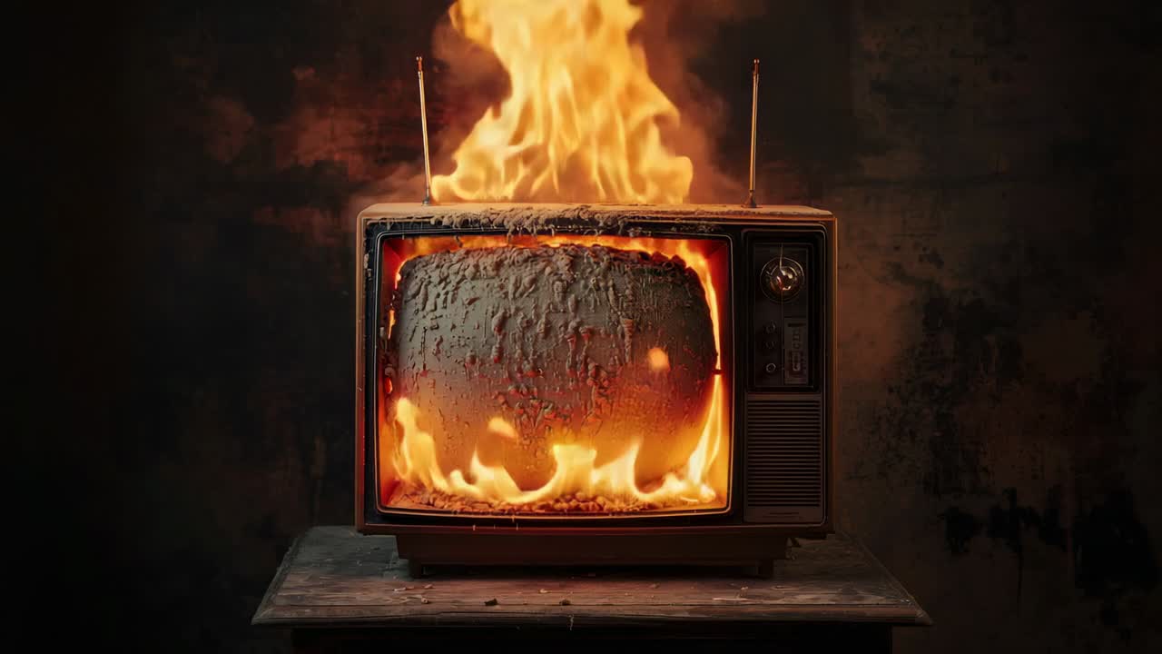 Un televisore CRT in fiamme con antenne, con una stretta fiamma che parte dallo schermo, da una sfera incandescente su un tavolo usurato.