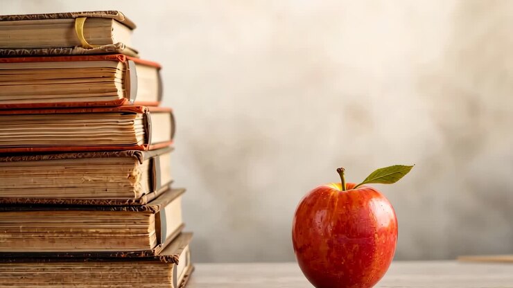 Pila di libri con una mela rossa