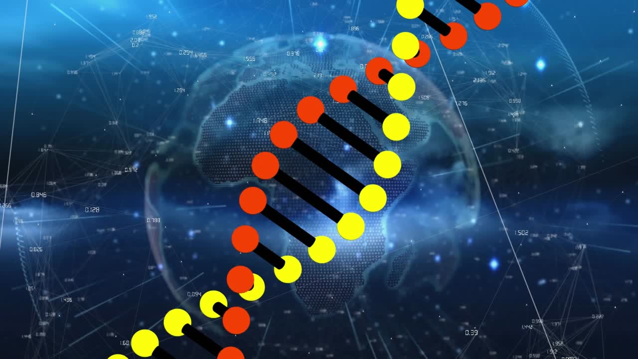 Animering av databehandling med en DNA-sträng över en jordglob på svart bakgrund