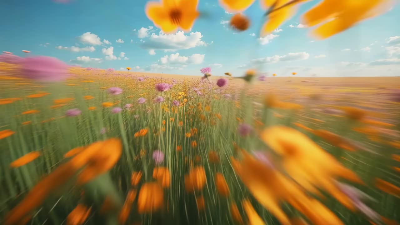 Zooming camera starting with fast motion, passing orange pink flowers in meadow, revealing horizon