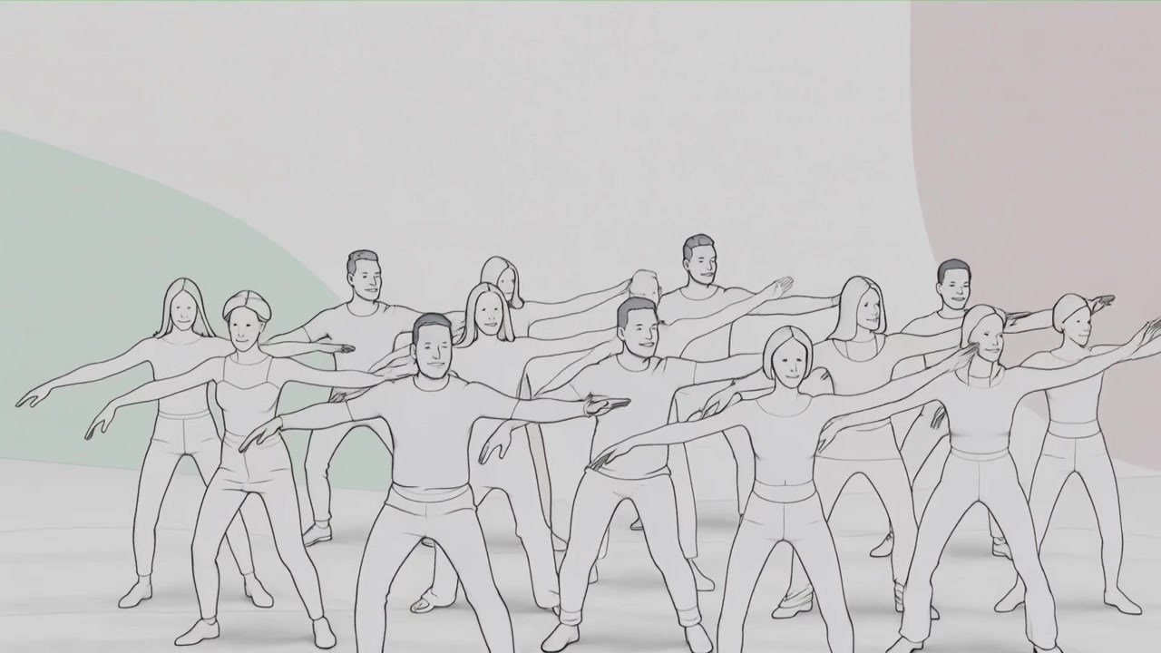 Grupo se estendendo após uma panorâmica da câmera, sincronizando movimentos de braços e pernas para formar uma pose, em estúdio com roupa esportiva e fundo claro.