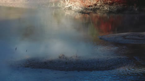 Boiling-hot-geothermal-volcanic-mud-pool,-closeup-shot-steamy-lake-bubbling-mud-and-steam-satisfying