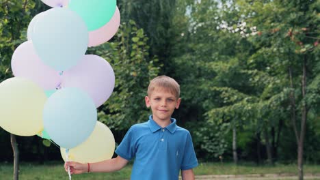 child with balloons in his hands. boy plays in the summer park. spins around itself