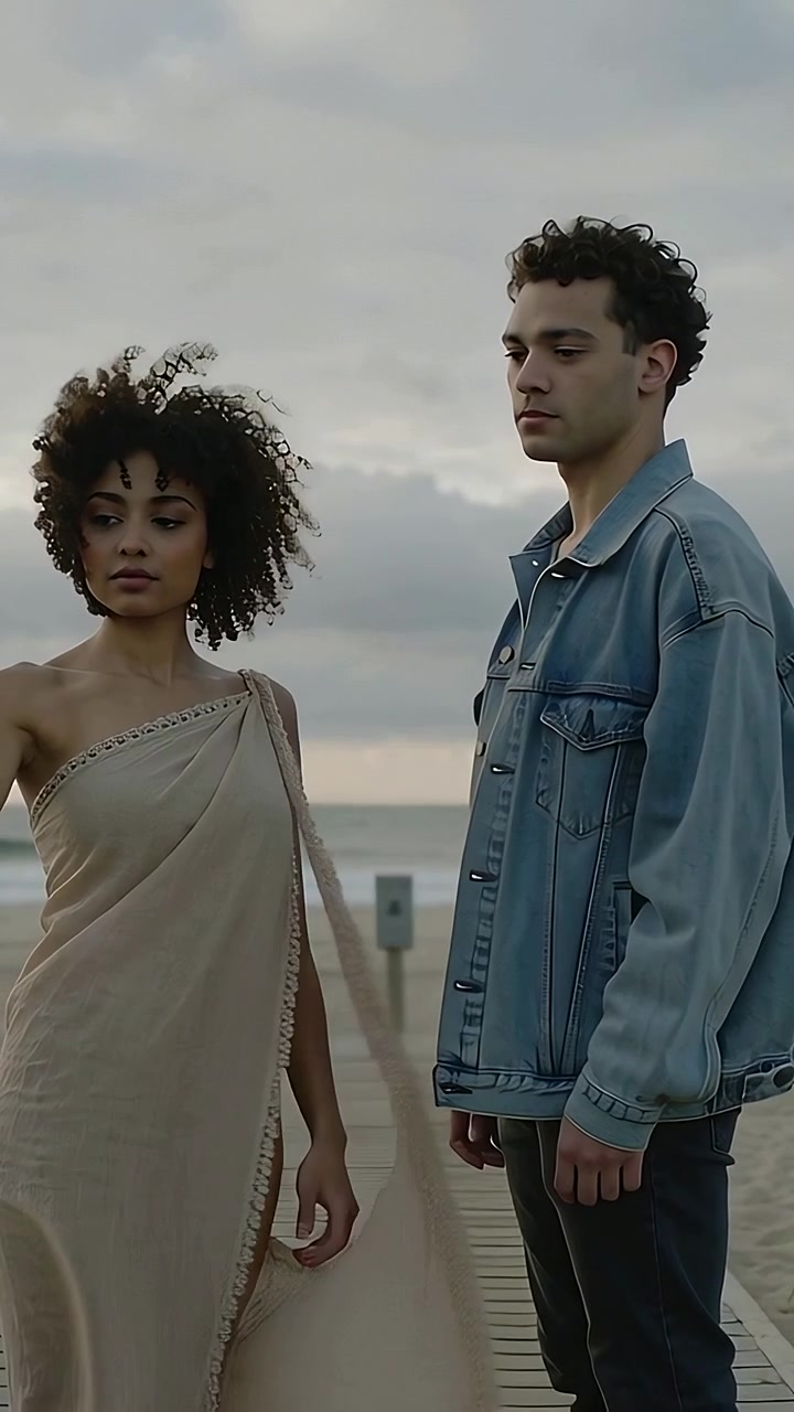 Vertical video: Reaching woman touching scarf from right across boardwalk at dusk, showing slit