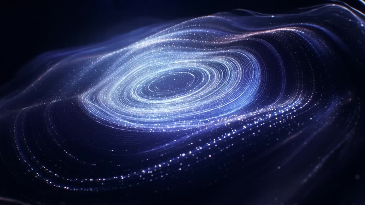 Abstract Swirling Blue Light Particles Flowing in Dark Space