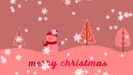 Animation-Von-Frohe-Weihnachten-Text-Und-Schnee-Fällt-über-Schneemann-In-Winterlandschaft