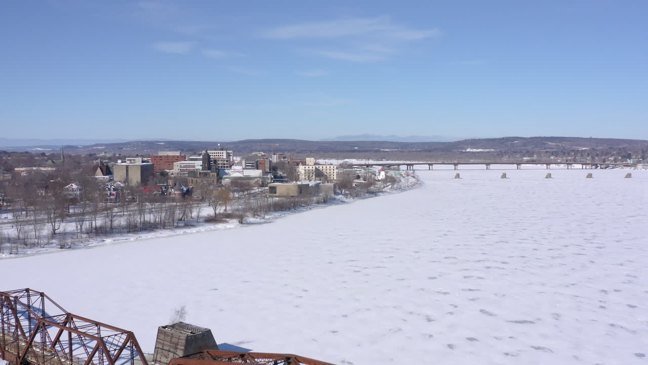 AERIAL: Moving Backward With Bill Thorpe Walking Bridge Being Revealed In Foreground
