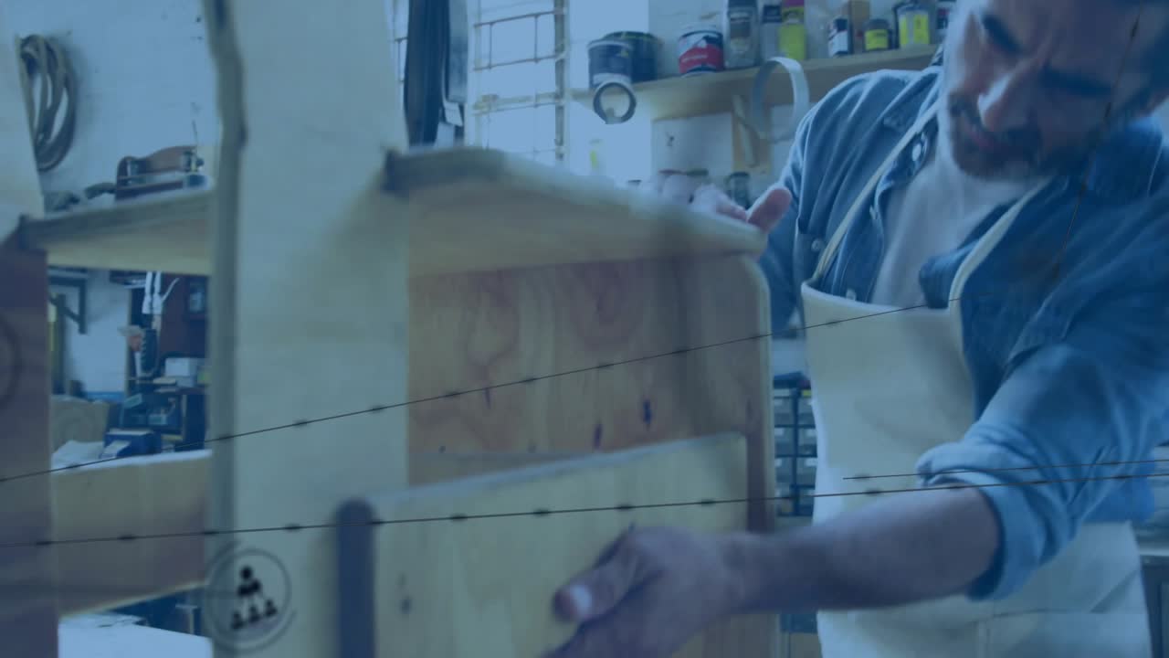 Securing stool, woodworker in apron and denim shirt at shop bench with C-clamp and overlay icons