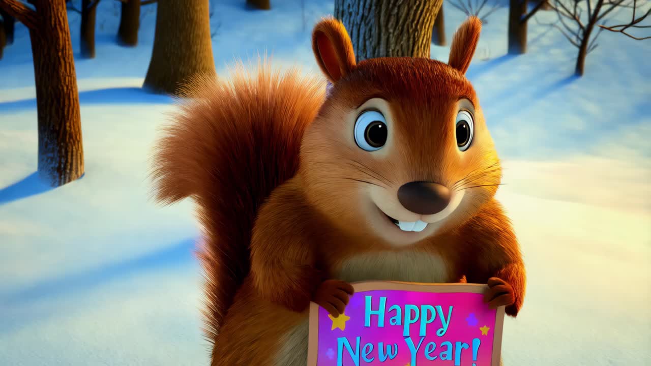 새해 축하 표지판 을 가진 애니메이션 다람