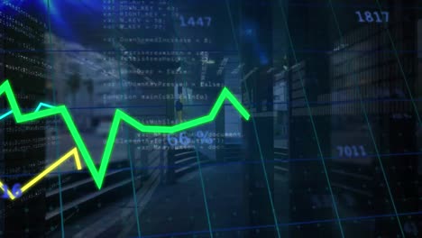 animación de gráficos sobre procesamiento de datos y puntos de luz azul contra el lapso de tiempo del tráfico de la ciudad.