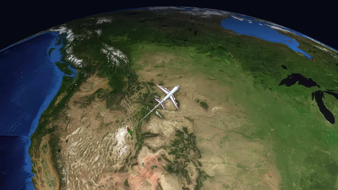 Satellitvisningsanimation følger et kommercielt fly, der flyver fra Los Angeles til Amsterdam over Jorden