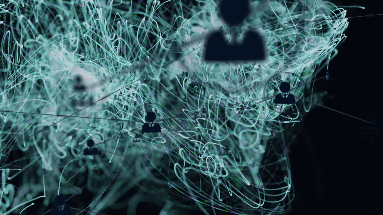 animación de la red de conexiones con iconos de personas digitales sobre senderos de humo verde