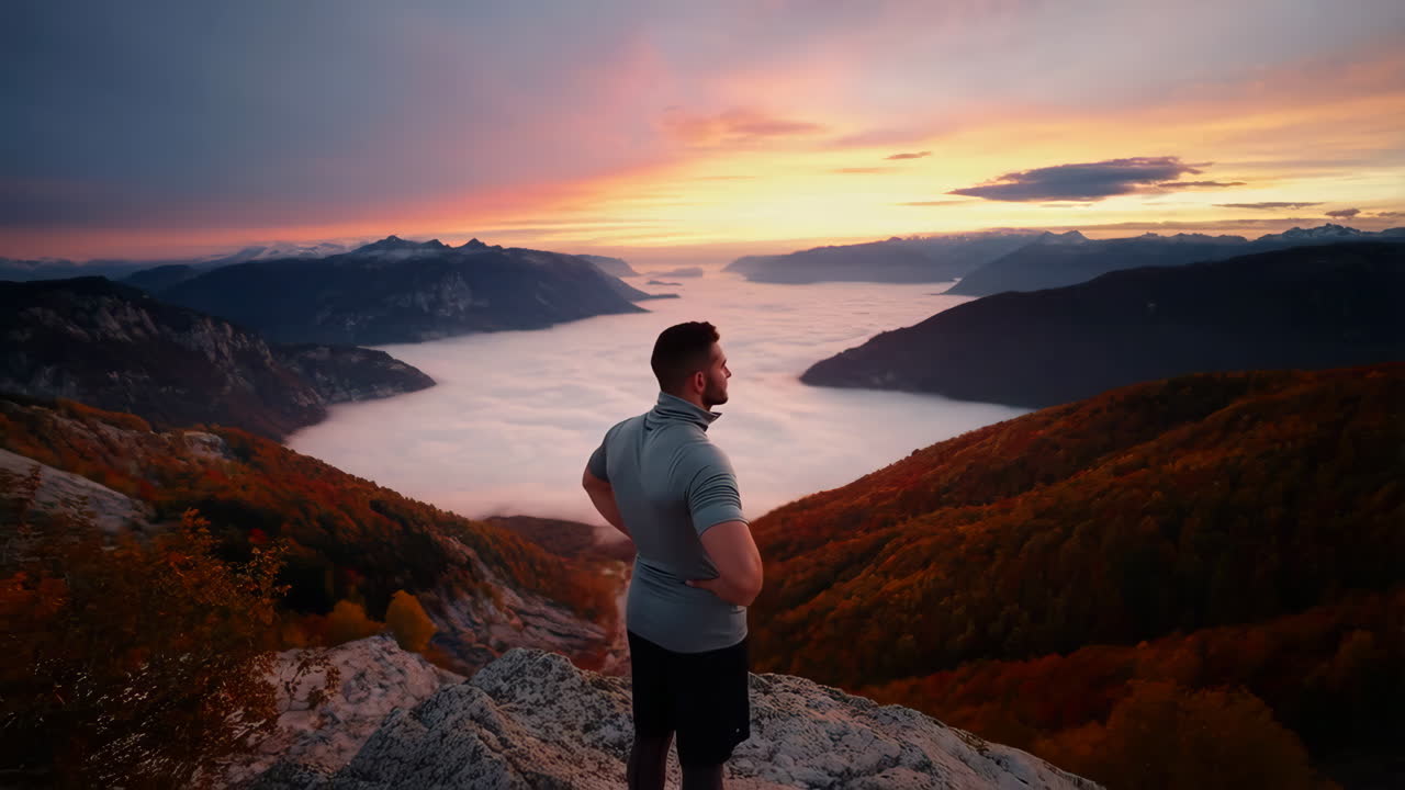 Uomo in piedi su una cima di montagna che domina una valle di nuvole al tramonto