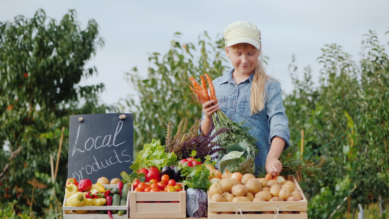 야채와 함께 카운터에서 어린 농부 소녀