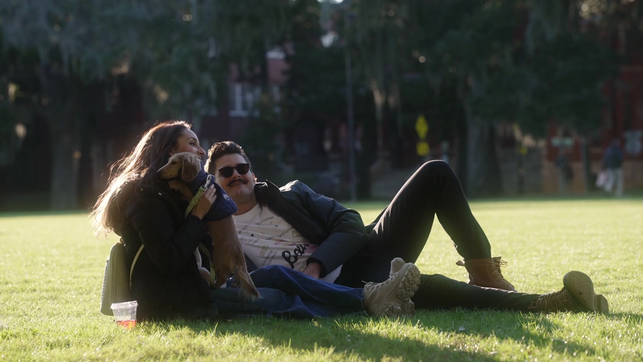 Ein Paar bei einem Date im Park, das an einem sonnigen Nachmittag im Gras mit seinem süßen kleinen Dackelwelpen spielt.
