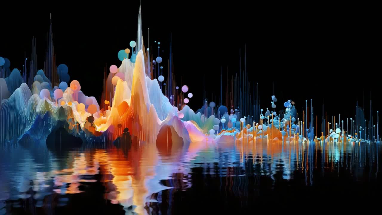 A Stunning Display of Abstract Digital Art with Colorful Peaks and Reflections, Capturing the Dynamic Movement and Fluidity of Artistic Waves on a Midnight Canvas